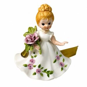 Vintage June Birth Month Girl Porcelain Figurine Rose Flower Pink White 4.25in